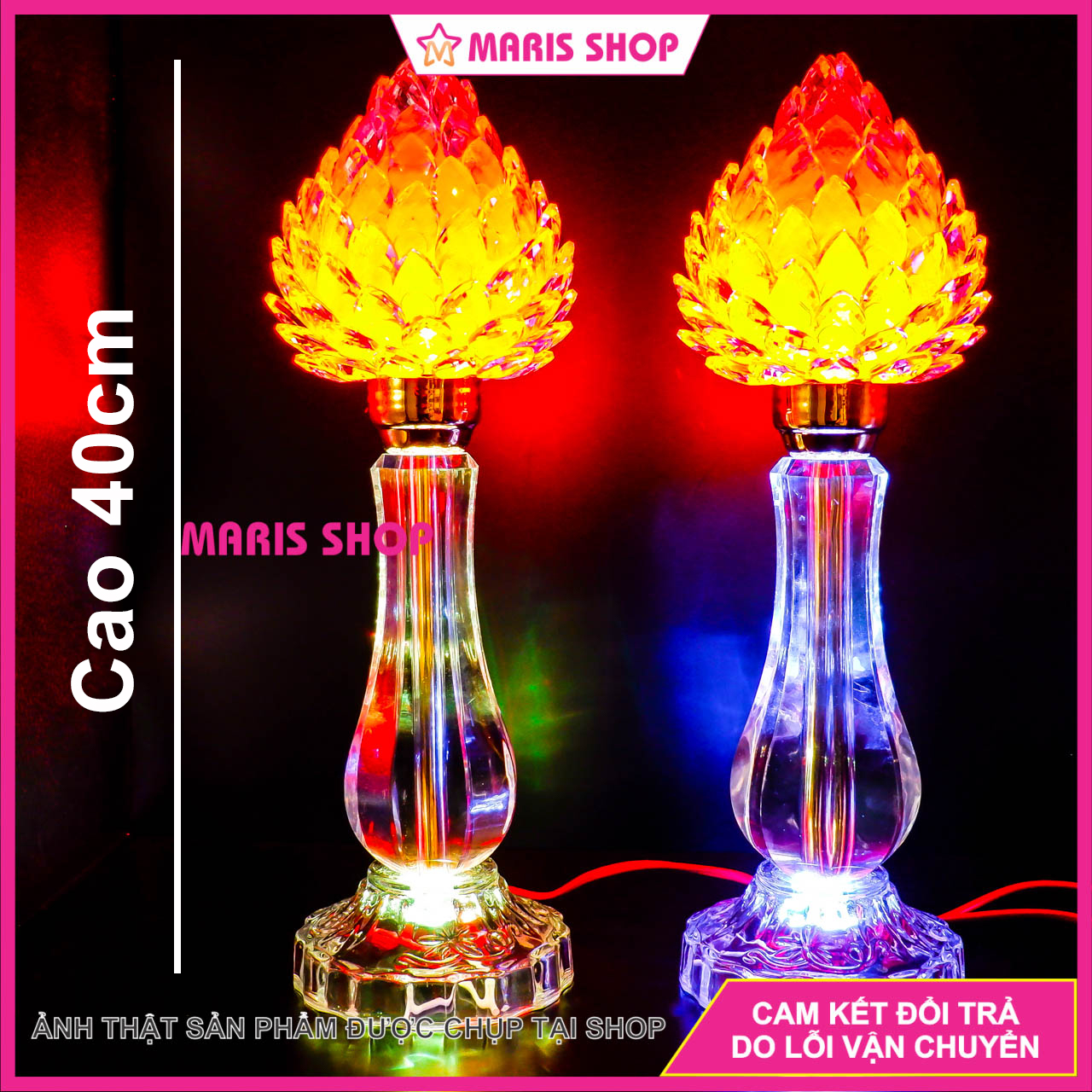 Bộ 2 đèn pha lê hình trái đào tiên để bàn thờ đèn thờ cúng cao 40cm