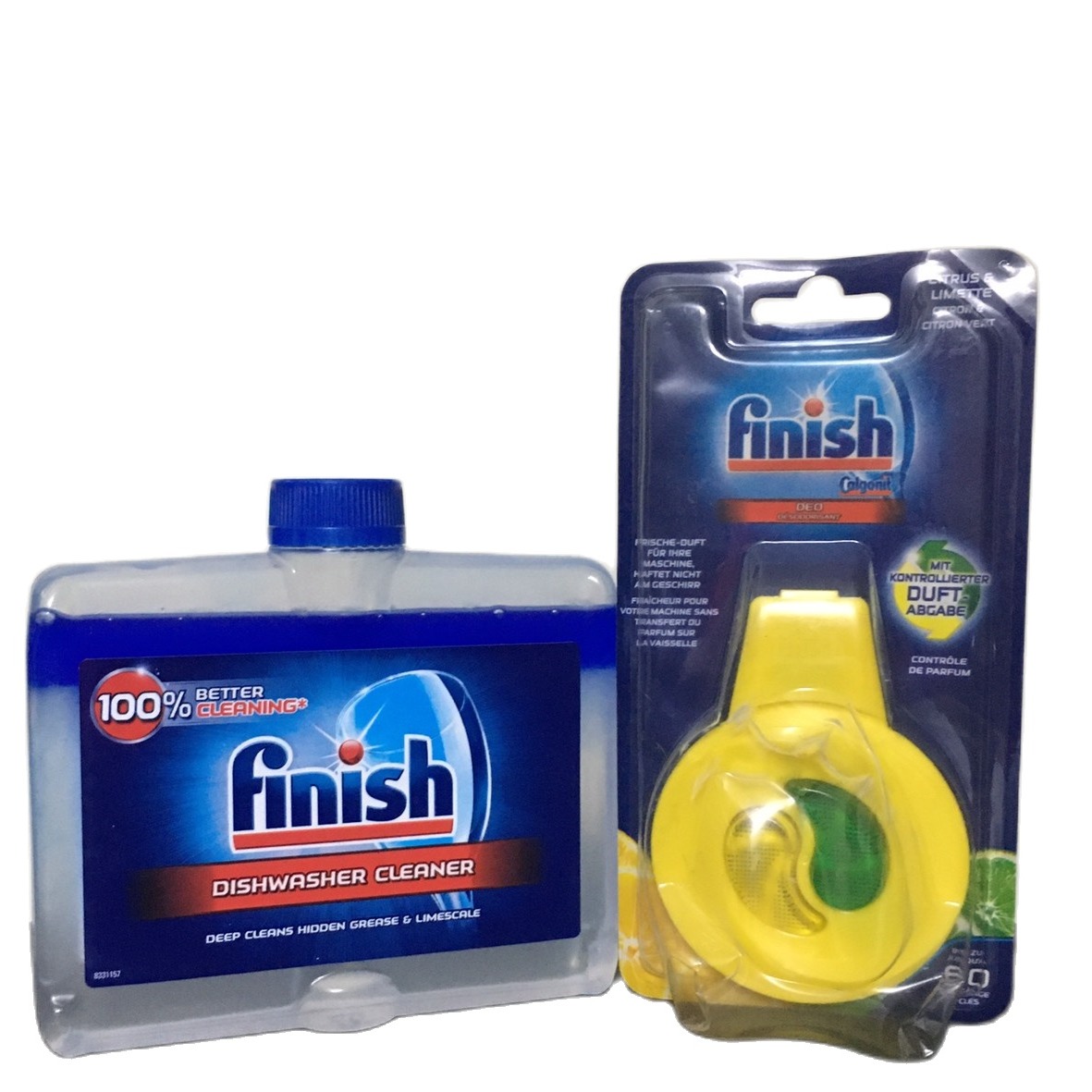 Dung dịch vệ sinh chén bát Finish trong máy rửa bát 250ml + Vỉ khử mùi máy rửa bát Finish