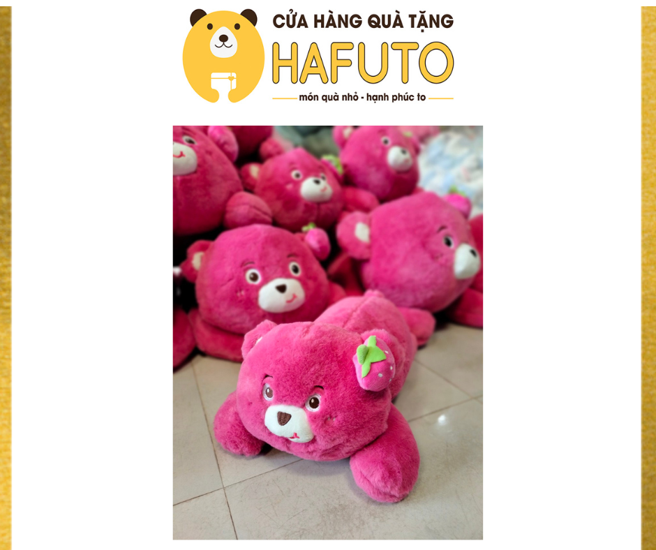 Gấu dâu nằm mắt mở , gấu bông lotso cao cấp . quà tặng cho mọi lứa tuổi hafuto