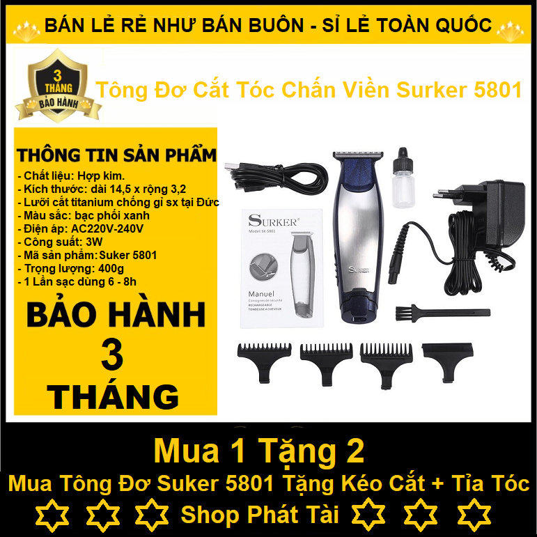 Tông Đơ Chấn Viền Surker 5801 Cho Barber Shop, Tông Đơ Cắt Tóc Cạo Viền Không Dây Đa Năng Surker Cao Cấp, Tông Đơ Cắt Tóc Trẻ Em, Tông Đơ Cắt Tóc Tại Nhà Tặng Kéo Cắt Tỉa Tóc Tại Nhà