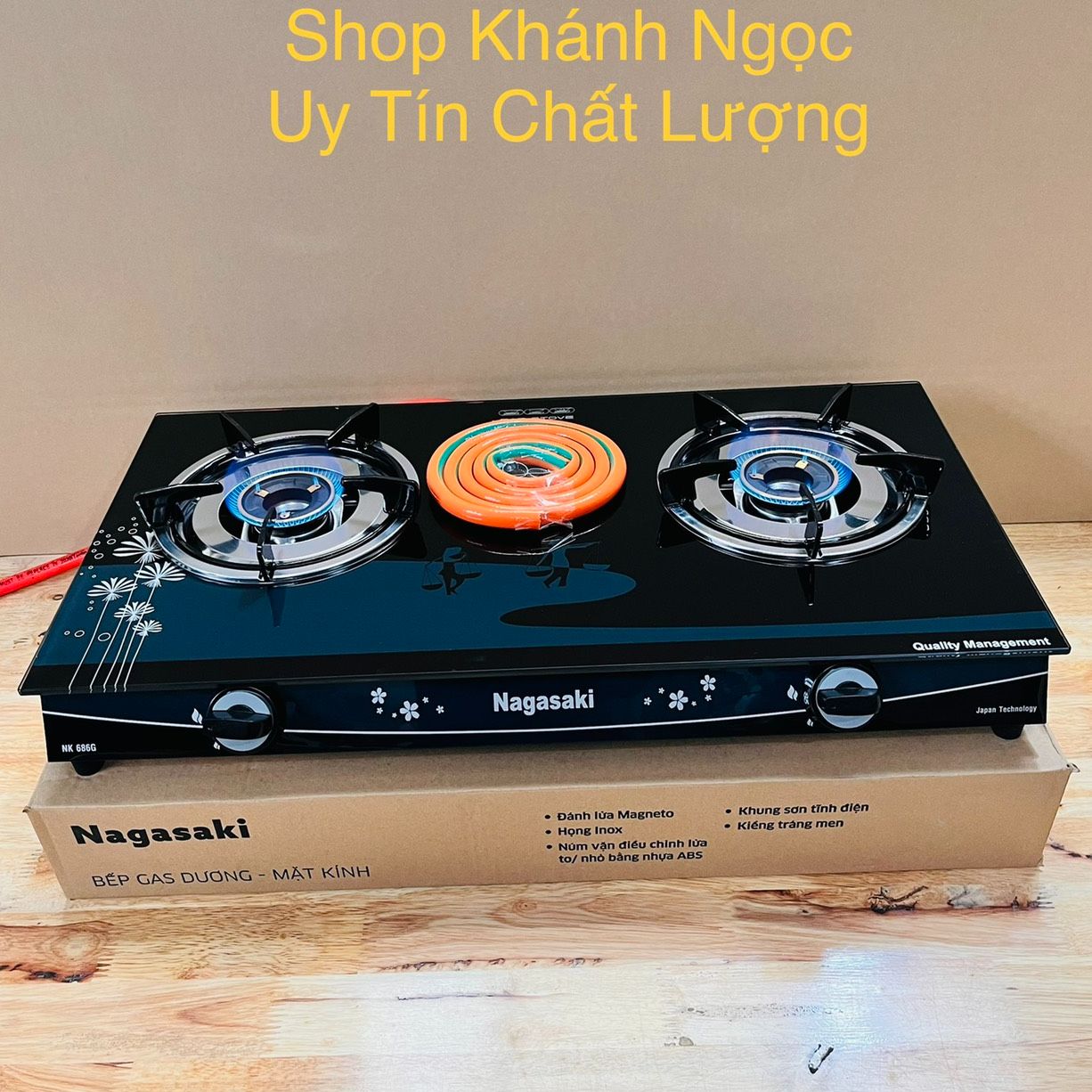 Bếp gas đôi tiết kiệm gas nagasaki nk-686g mới 100% +tặng dây ga,đai siết - mặt kính cường lực đầu đốt đồng -bảo hành 12 tháng