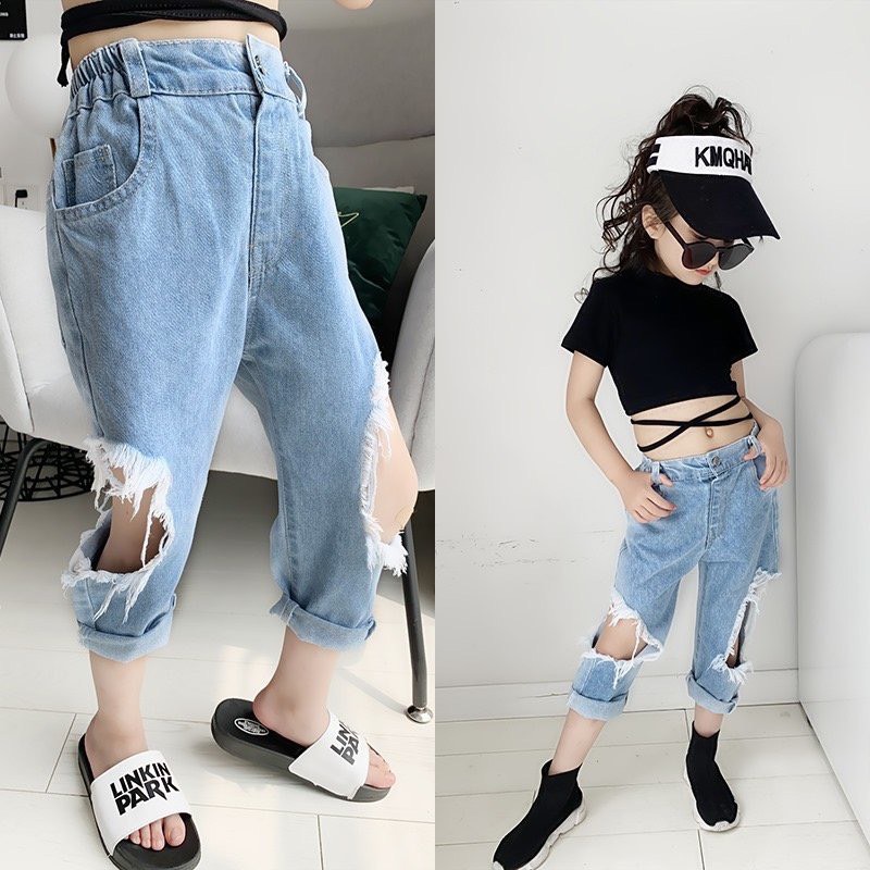 Quần Jeans Cho Bé Gái, Quần Jeans Rách Gối Sành Điệu Cho Bé Gái, Quần Jeasn Lưng Thun Co Giãn Cho Bé Gái - Quần Jeans Rách Thời Trang Cho Bé HANNAH KIDS