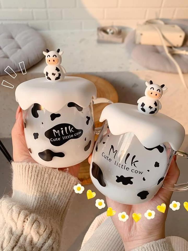 Cốc nước bò sữa thủy tinh cute