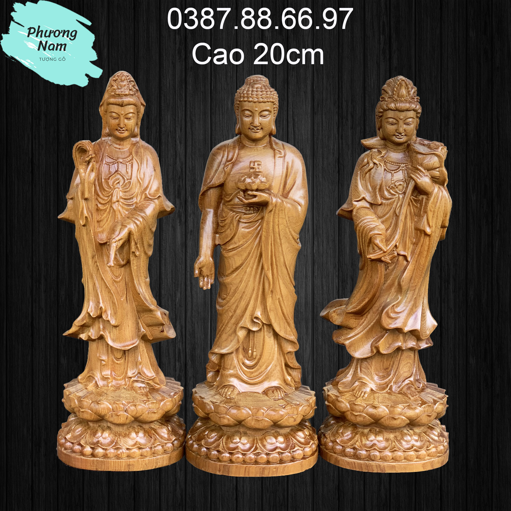 Bộ tượng phật tây phương tam thánh cao 20cm chất liệu gỗ bách xanh
