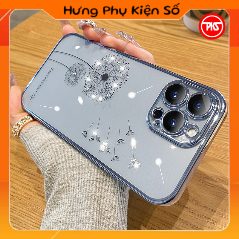 Ốp hoa đá bồ công anh mạ viền màu cho iphone 7 8 plus 11 12 13 pro max 14 14 pro max