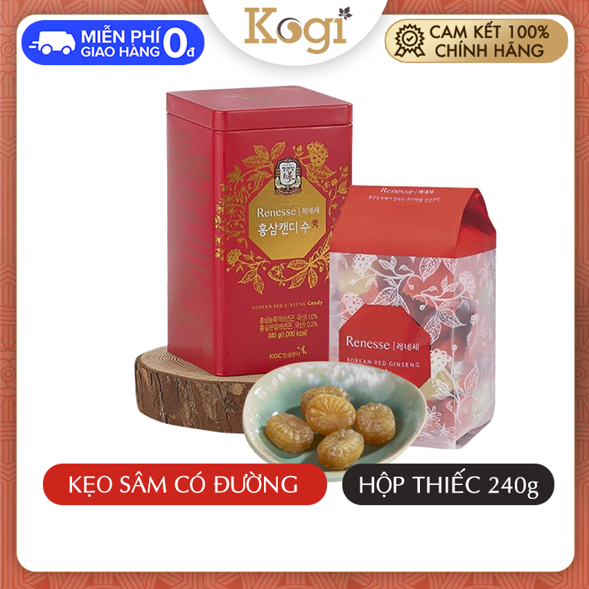 Kẹo hồng sâm Hàn Quốc KGC hộp thiếc 240g cao cấp có đường, Kogi Ginseng, có tác dụng giảm stress, mệt mỏi, ăn ngon, ngủ ngon, tăng cường đề kháng, cần thiết cho người huyết áp thấp.