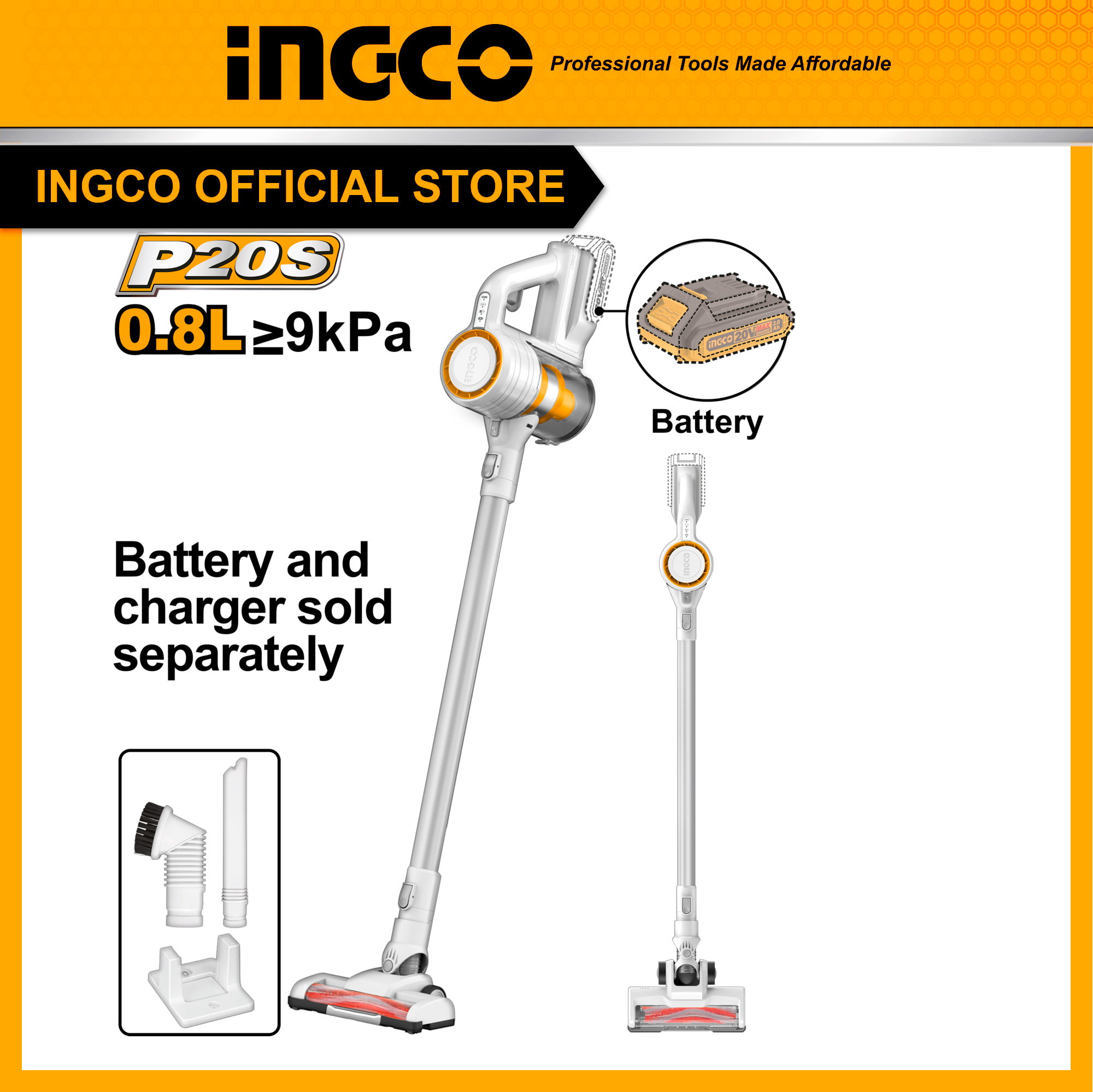 Máy hút bụi cầm tay dùng pin điện áp 20V INGCO CVLI200612 Full bộ | CVLI20061 (chưa kèm pin và sạc) chính hãng tiện ích cho mọi nhà và văn phòng 0,8L