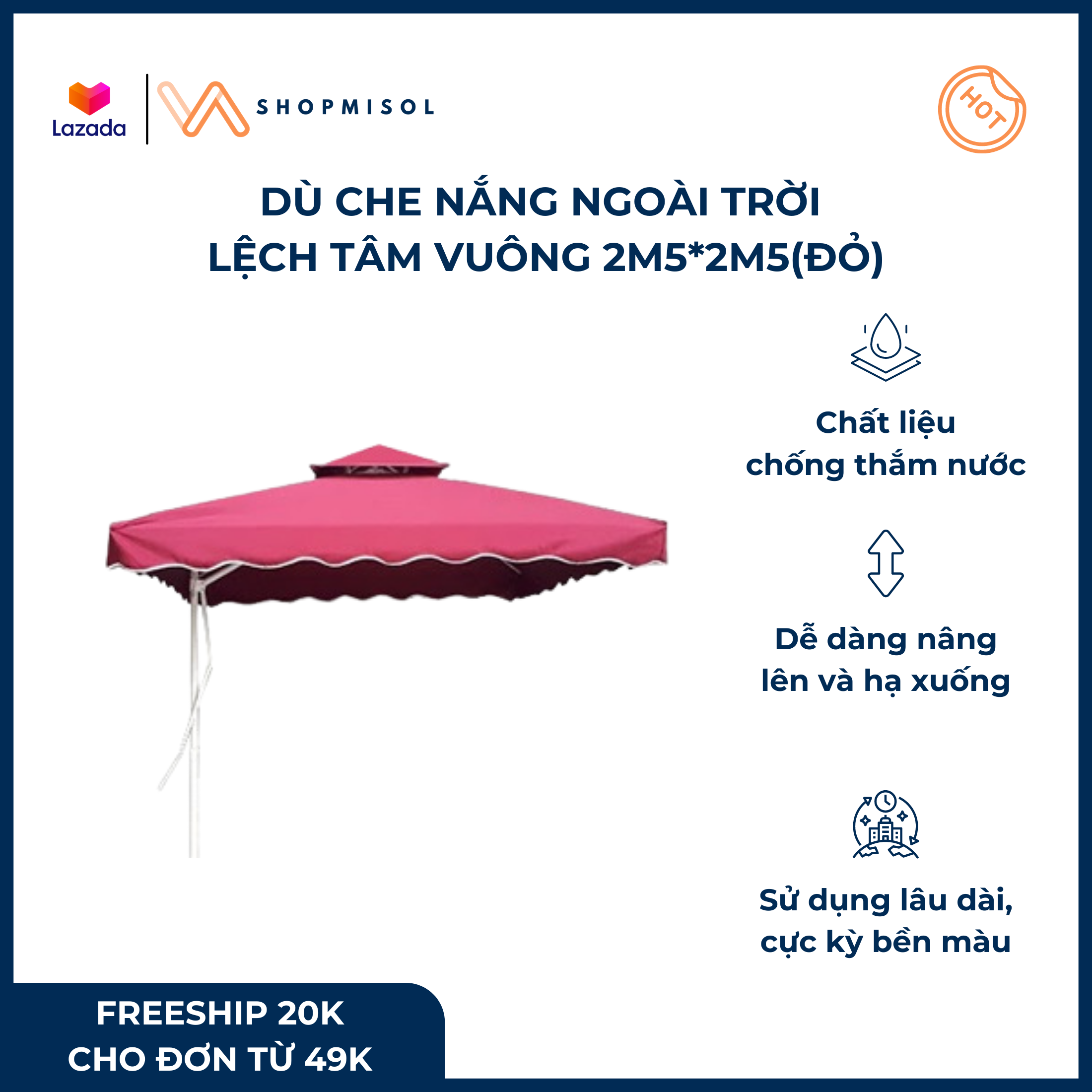 [HCM]Dù che nắng ngoài trời dù che nắng dù lệch tâm vuông KHÔNG KÈM ĐẾ MÀU ĐỎ - 2m5*2m5 chất liệu PU chống thắm nước bền màu độ bền cao sử dụng lâu dài