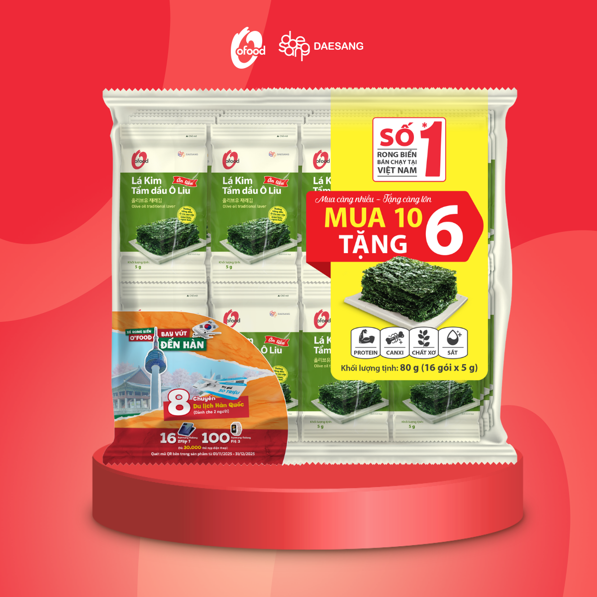 Lốc 16 gói lá kim tẩm dầu oliu 5g O'food ăn liền, ăn vặt ngon miệng- Mua 10 tặng 6