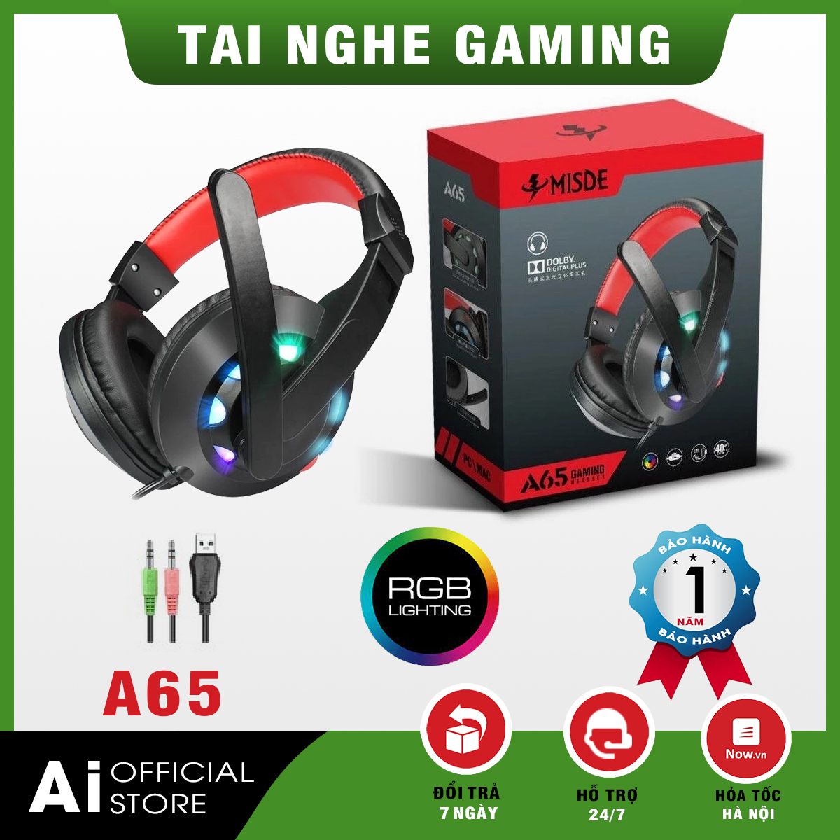 Tai nghe Misde A65 - Tích hợp LED RGB(có thể tắt) - Kèm mic - Kết nối qua cổng USB và Jack 3.5 - BH 12 Tháng!!!