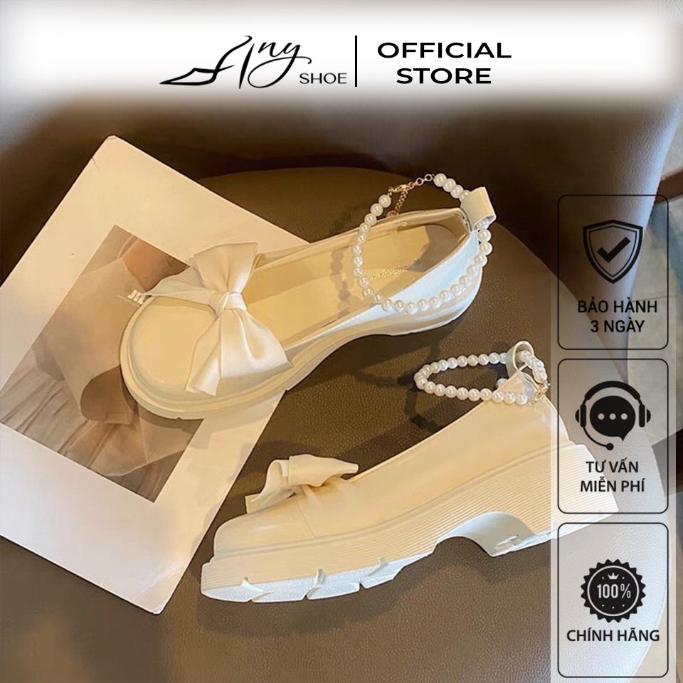 Giày da nữ Lolita quai ngọc buộc nơ Cao cấp đế cao 2cm 2 màu đen trắng