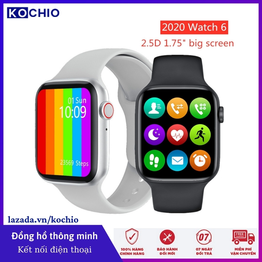 Đồng Hồ Thông Minh W6 - Đồng Hồ Nam Nữ Màn Hình Mỏng Tràn Viền, Tiếng Việt, Theo dõi sức khỏe, hiển thị cuộc gọi, thông báo tin nhắn, chống nước, thay được dây - KOCHIO