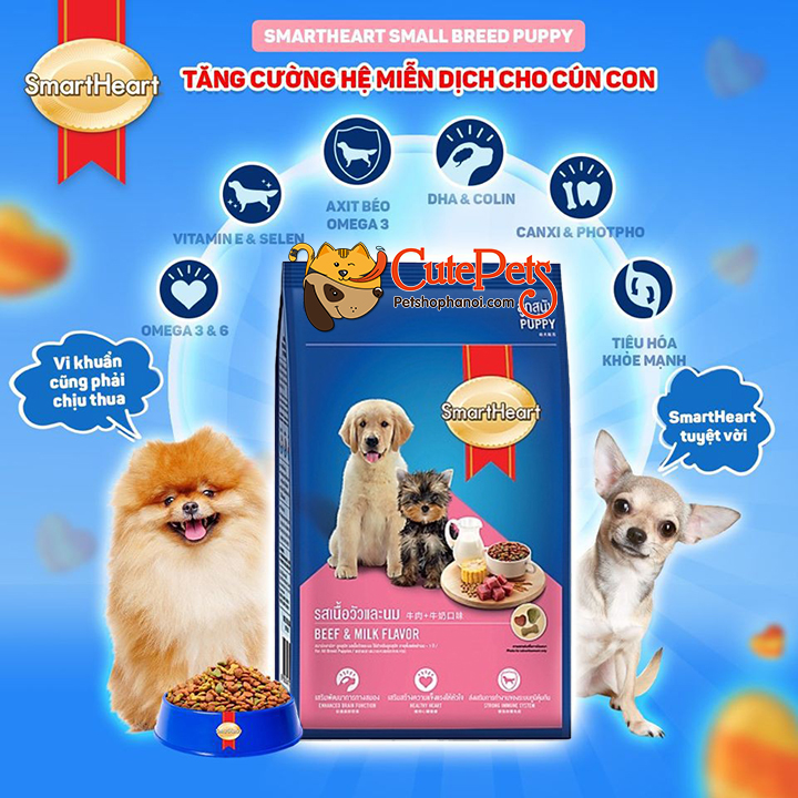 Thức ăn cho chó con Smart Heart Puppy Vị thịt bò và sữa, hạt cho chó giá rẻ - Phụ kiện thú cưng