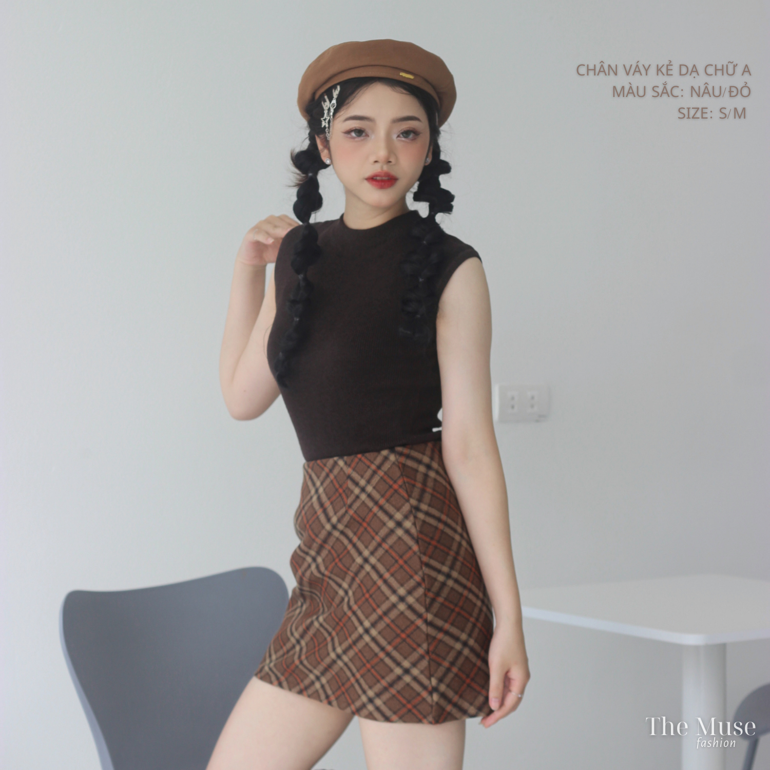 Chân váy dạ kẻ caro vintage dáng chữ A