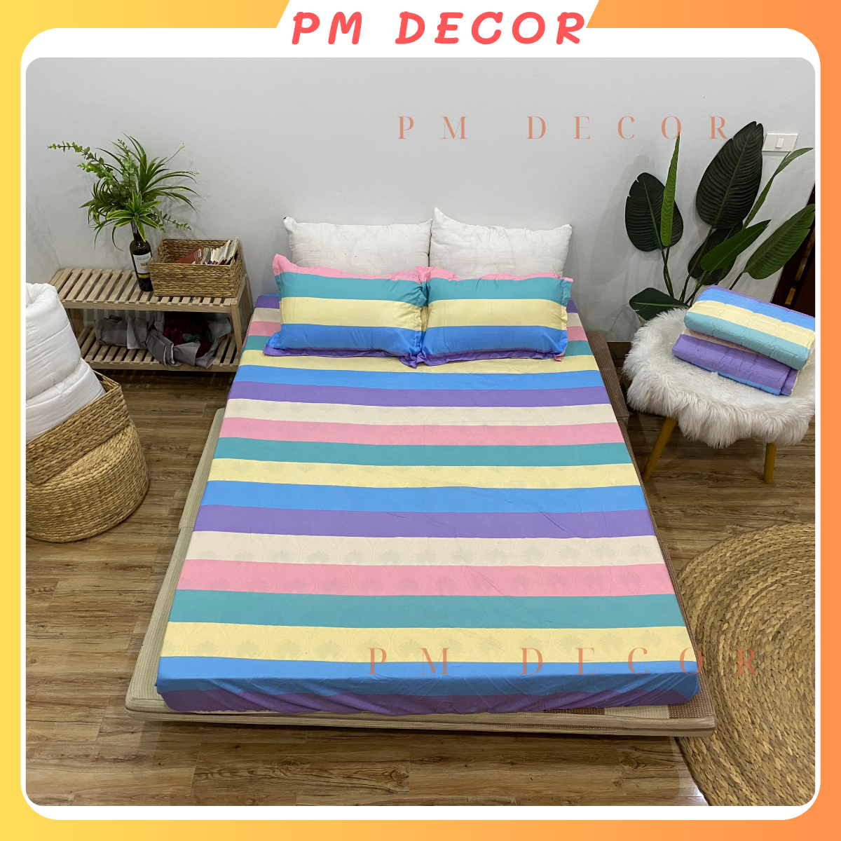 Bộ Chăn Ga Gối Hè Thu 5 Món Mẫu Sọc Kẻ Cầu Vồng CHM27 ( Gồm 1 Chăn Hè, 1 ga bo chun,2 vỏ gối nằm và 1 vỏ gối ôm)