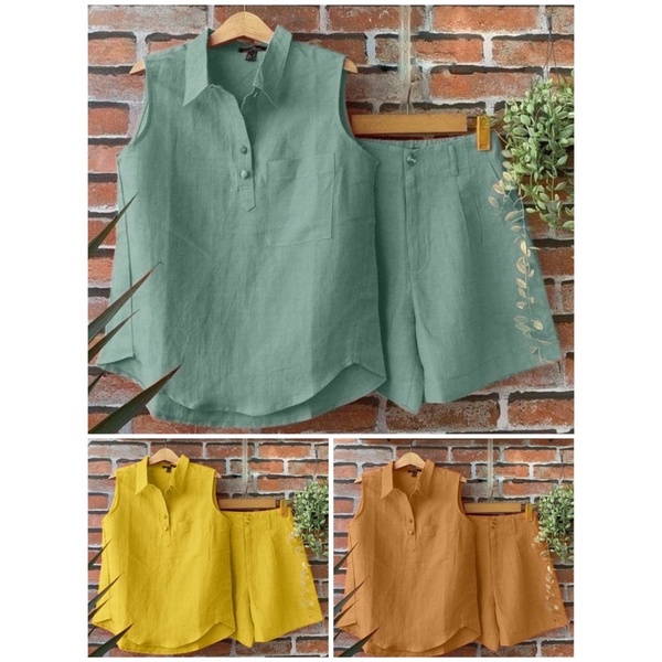 Set bộ nữ mặc nhà, quần đùi, áo sát nách, chất vải đũi mềm