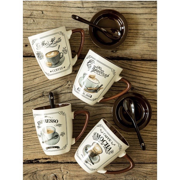Cốc sứ,ly sứ coffe phong cách Vingate.Kèm nắp + thìa