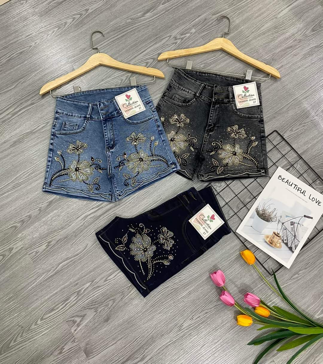 Quần sọt jean nữ lưng cao bảng to 2 nút thêu hoa hàng co giãn