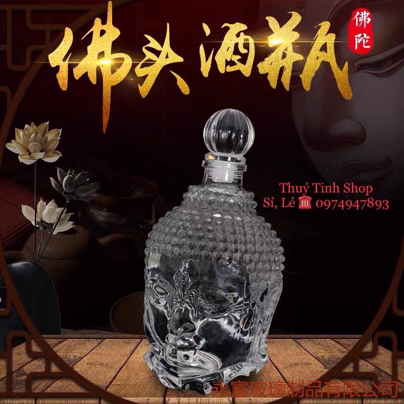 Bình đựng rươu thuỷ tinh cao cấp mẫu đầu phật nắp thuỷ tinh đặc 750ml