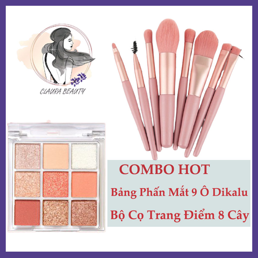 Bảng phấn mắt dikalu 9 ô bộ cọ trang điểm 8 cây claura beauty chổi đánh phấn cọ trang điểm phấn mắt.
