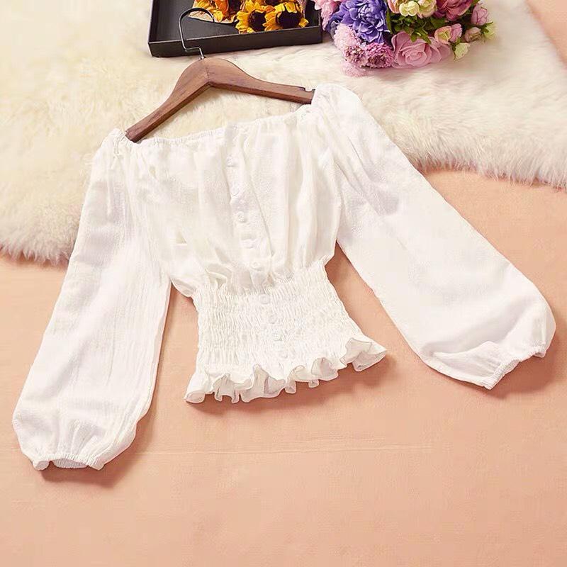 Áo voan kiểu sơmi bẹt vai phối bo eo phong cách mới siu xinh tts0639
