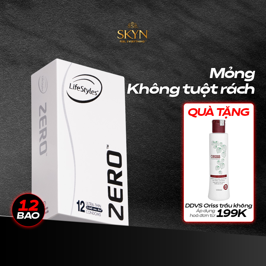 Bao cao su mỏng khít LifeStyles Zero - Trơn êm - Hộp 12 bao