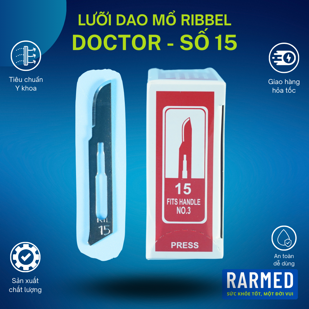 Lưỡi dao mổ số 15 Doctor RIBBEL ẤN ĐỘ lưỡi thẳng, bản nhỏ, đầu mũi bầu trung - Hàng đẹp