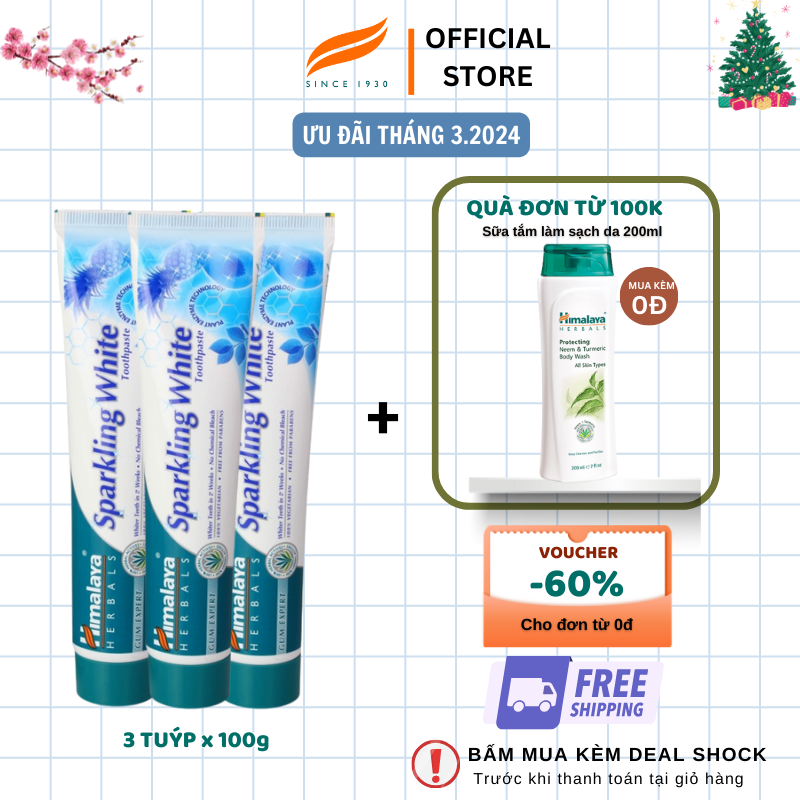Ba tuýp kem đánh răng trắng sáng - Himalaya Sparkling White Toothpaste 100g