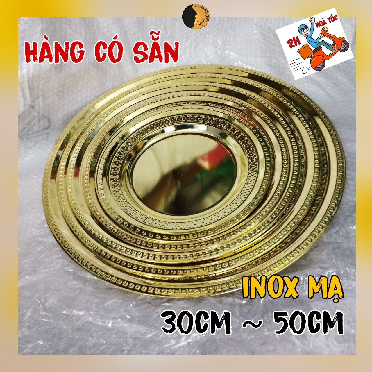 Mâm cơm inox vàng tamushop92 mâm cỗ cúng khay tròn mạ màu đẹp 50cm mi002