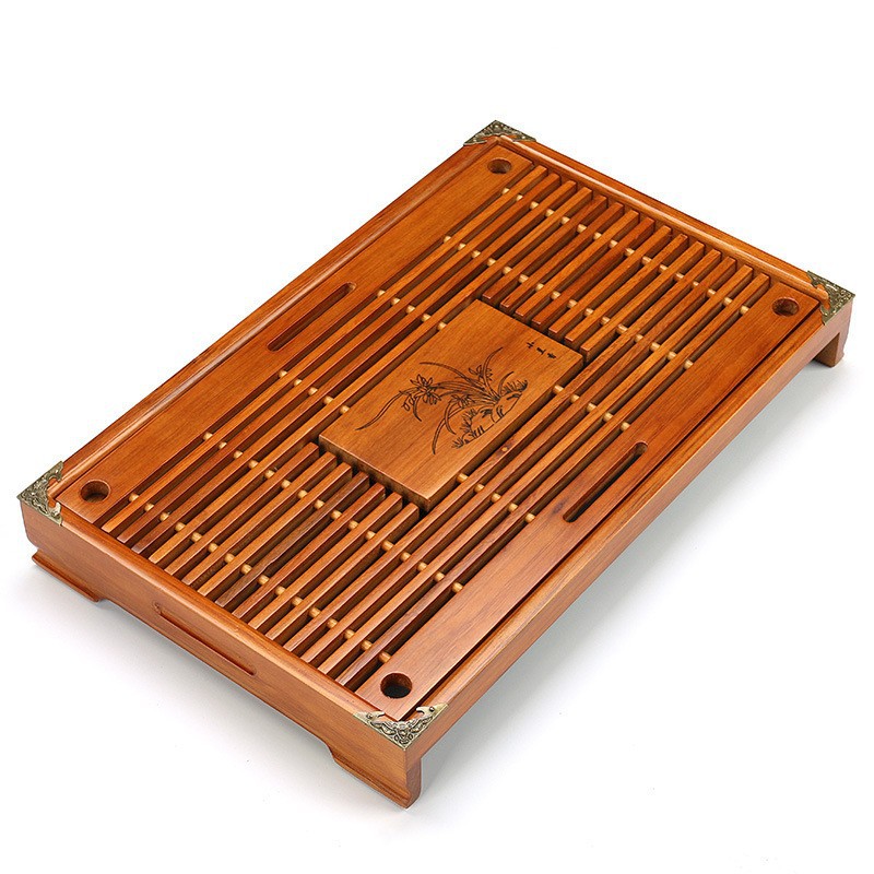 Khay để ấm chén, khay trà bằng gỗ có nẹp viền đồng 4 góc, kích thước 43x28x5.5 cm