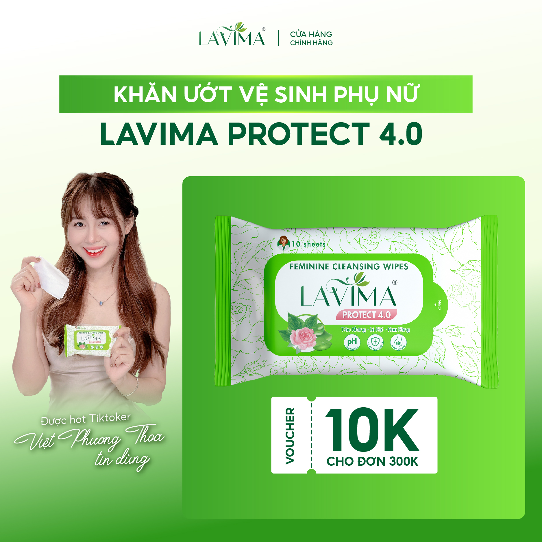  Khăn Ướt Vệ Sinh Vùng Kín Lavima Protect 4.0 Lành Tính Dịu Nhẹ Kháng Khuẩn Tiện Dụng  Gói 10 Tờ 