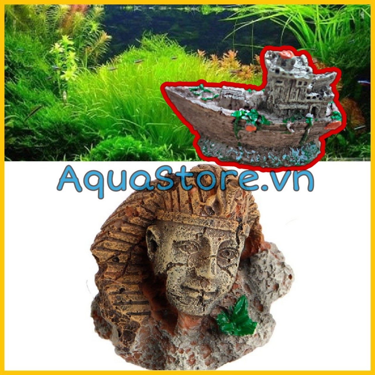 Tượng đầu Nhân Sư + Tàu Đắm trang trí bể Cá Cảnh