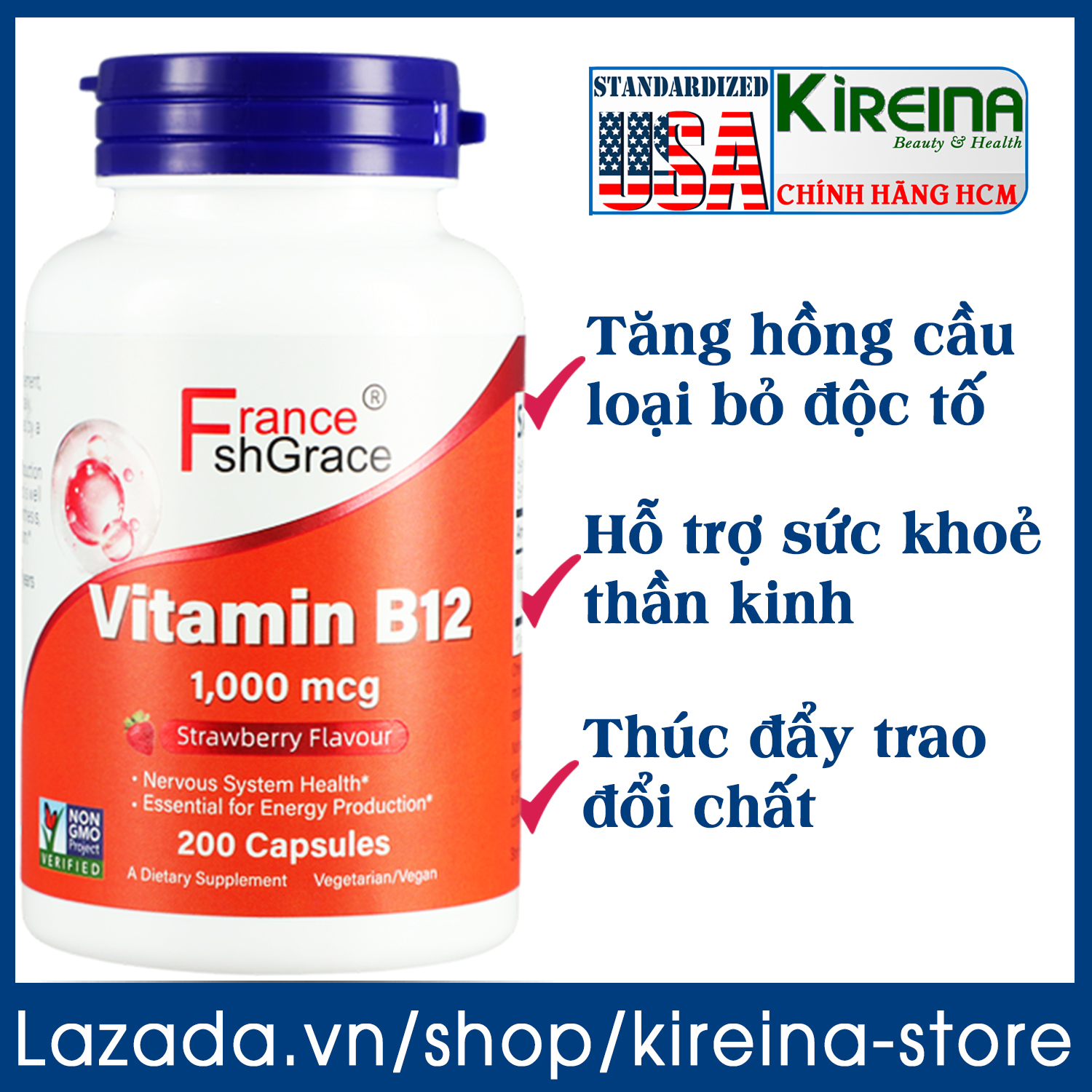 Viên uống vitamin B12 hỗ trợ sức khoẻ thần kinh tăng hồng cầu 1000 mcg 200 viên (mùi Dâu)
