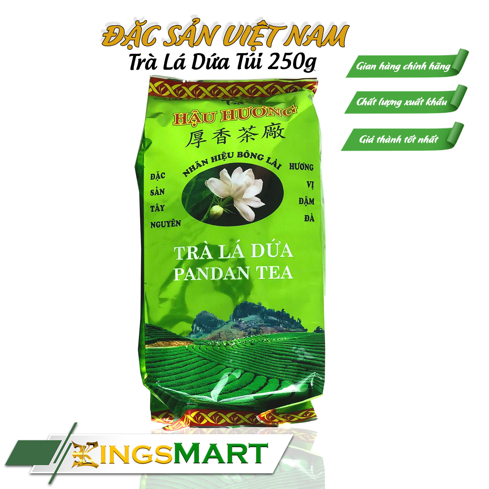  Trà lá dứa túi 250gr – Thương hiệu Hậu Hương – Đặc sản Lâm Đồng – Kingsmart 