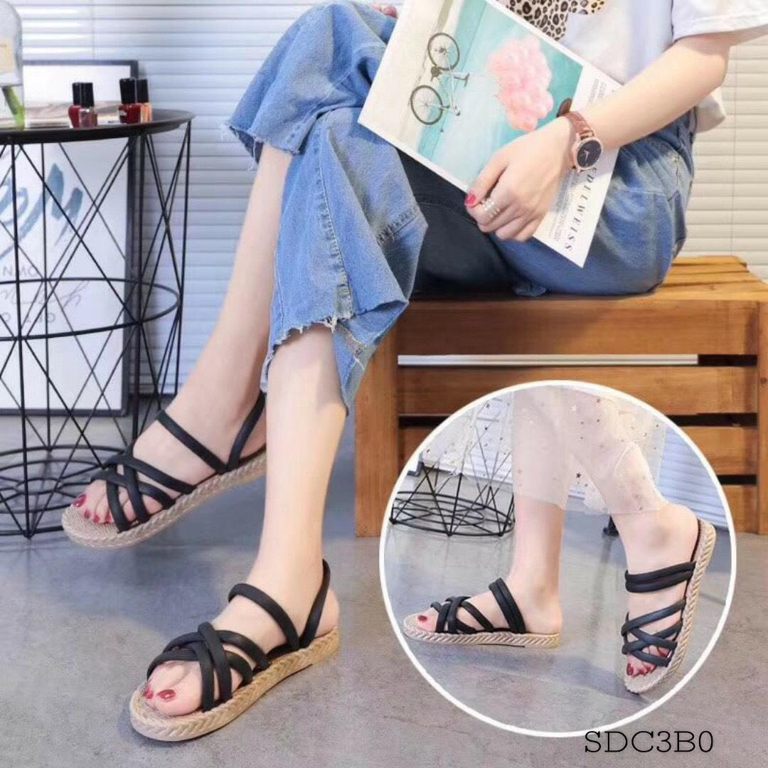 Sandal Nữ Đế Vân Cói Đi 2 Kiểu Quai Đan Chéo Chất Cao Su