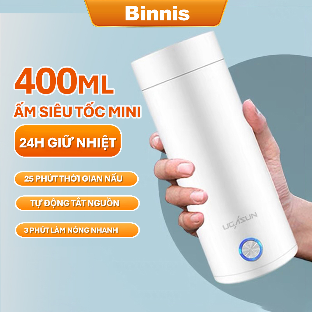 Bình đun nước siêu tốc Binnis- Trắng - Dung tích 400ML - Vật liệu thép không gỉ an toàn - Thân ấm 2 lớp cách nhiệt - Hàng chính hãng