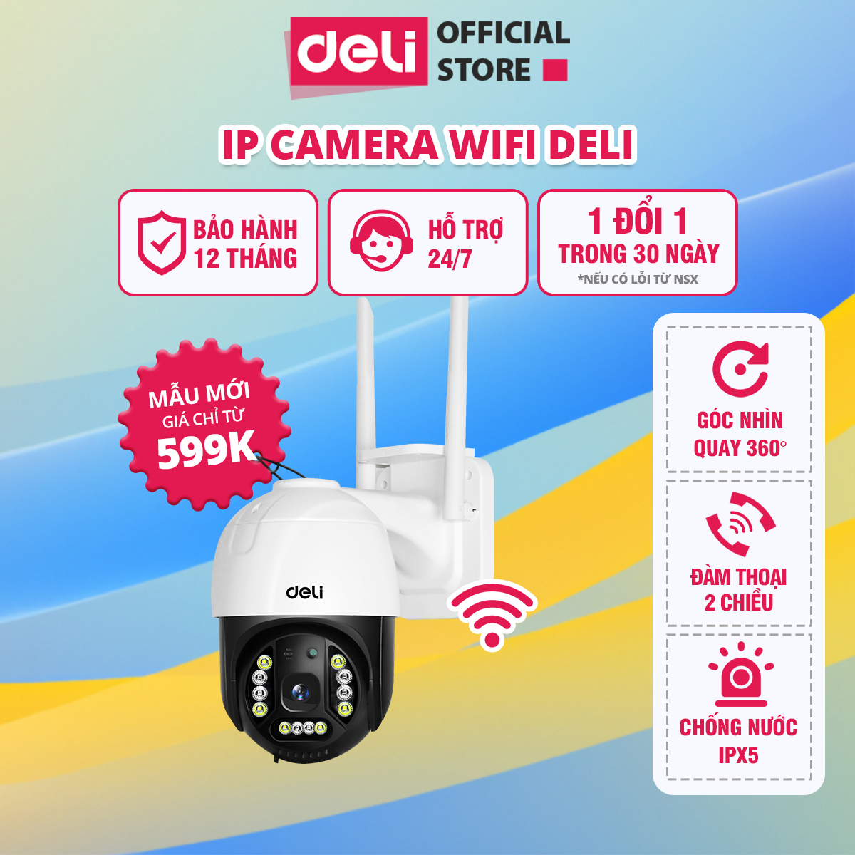 Camera wifi ip ngoài trời chống nước ptz deli full hd 1080p xoay 360 độ es103