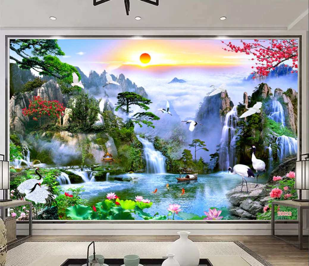 tranh dán tường sơn thủy hữu tình trang trí phòng khách giá rẻ đẹp có keo sẵn kích thước 60cm x90cm và 80cmx120cm và 100cm x150cm và in theo kích thước yêu cầu chat gọi nhắn zalo với shop để được tư vấn trước khi mua