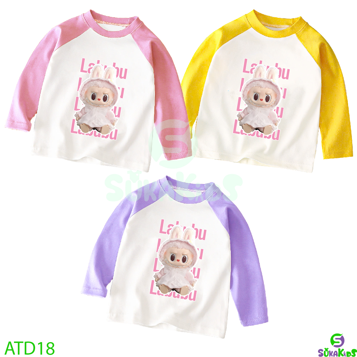 Combo 3 Áo tay dài raplang bé trai va bé gái in hình labubu từ 6kg-32kg,ATD18