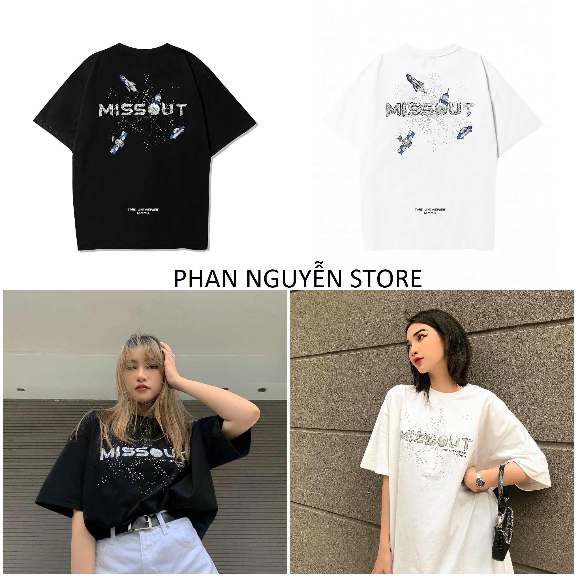 Missout Moon Universe Black / White Tee - Áo thun Missout Mặt trăng Moon Style Unisex form rộng tay lửng chất cotton xịn giá rẻ thời trang nam nữ tuổi teen full tag