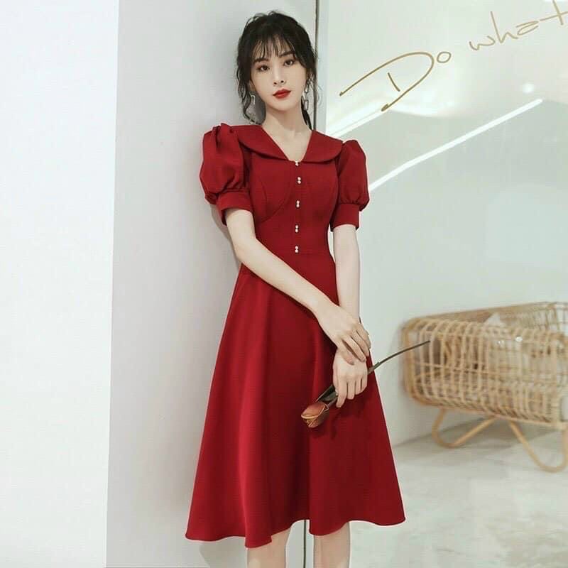 Đầm đỏ nút trắng ms112
