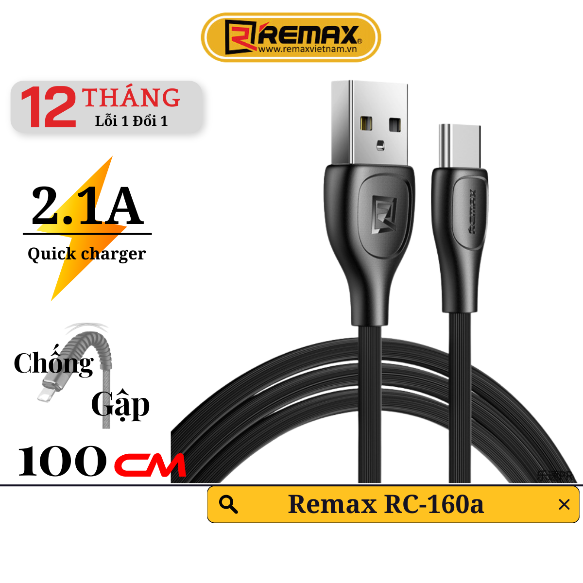 Cáp sạc nhanh 2.1a type-c chống đứt gãy - remax việt nam rc-160a - bảo hành 12 tháng