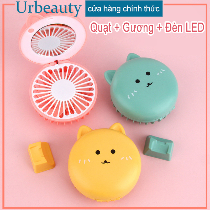 【Urbeauty Mall】 (Nhiều Màu có đế tặng kèm)Quạt Mini , Quạt cầm tay 3in1 Gương - Đèn - Quạt / Quạt heo có gương cực xinh