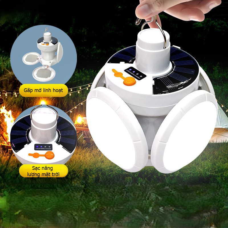 Bóng Đèn Led 4 Cánh Gập Gọn 3 Chế Độ Sáng Thông Minh, Đèn Năng Lượng Mặt Trời Hình Cánh Hoa Có Móc Treo Tiết Kiệm Điện TIDO, TI DO