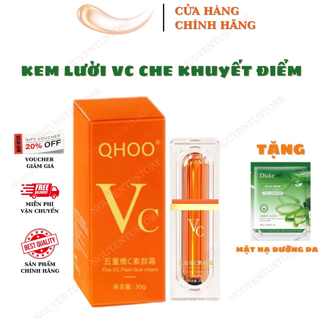 Kem lười VC QHOO che khuyết điểm, nâng tone, makeup dưỡng da mịn màng làm săn chắc da chứa vitamin C - Tặng mặt nạ
