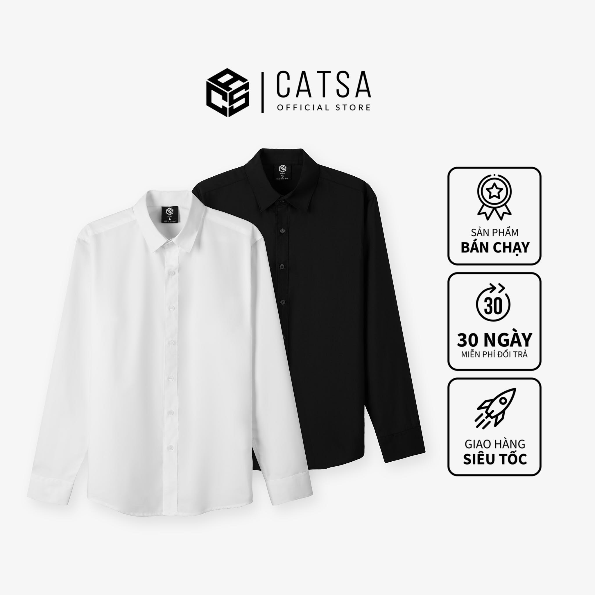 Áo sơ mi trắng đen catsa chất liệu cotton thấm hút mồ hôi 11asc074