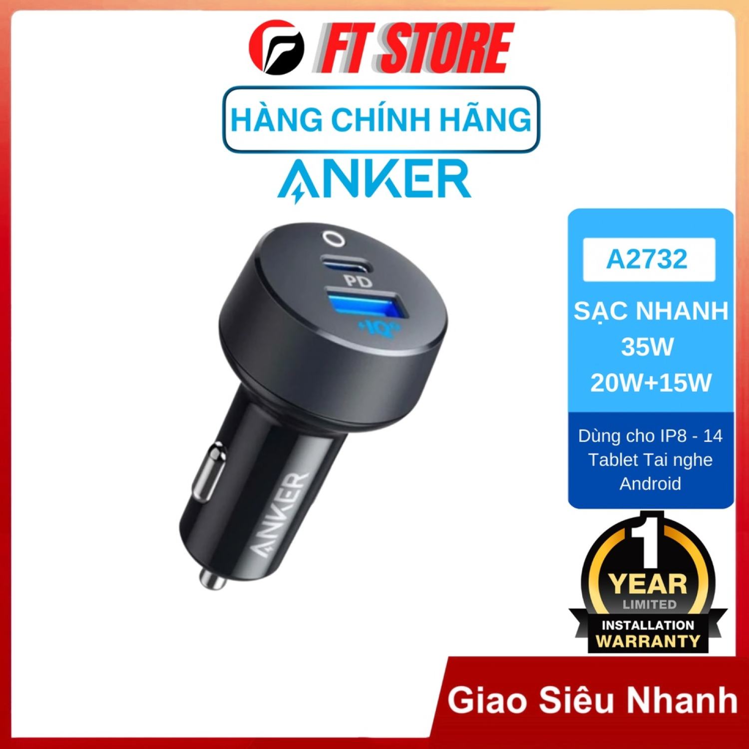 Tẩu sạc nhanh 2 cổng ô tô xe hơi anker powerdrive 35w a2732 sạc nhanh 20w bh12th