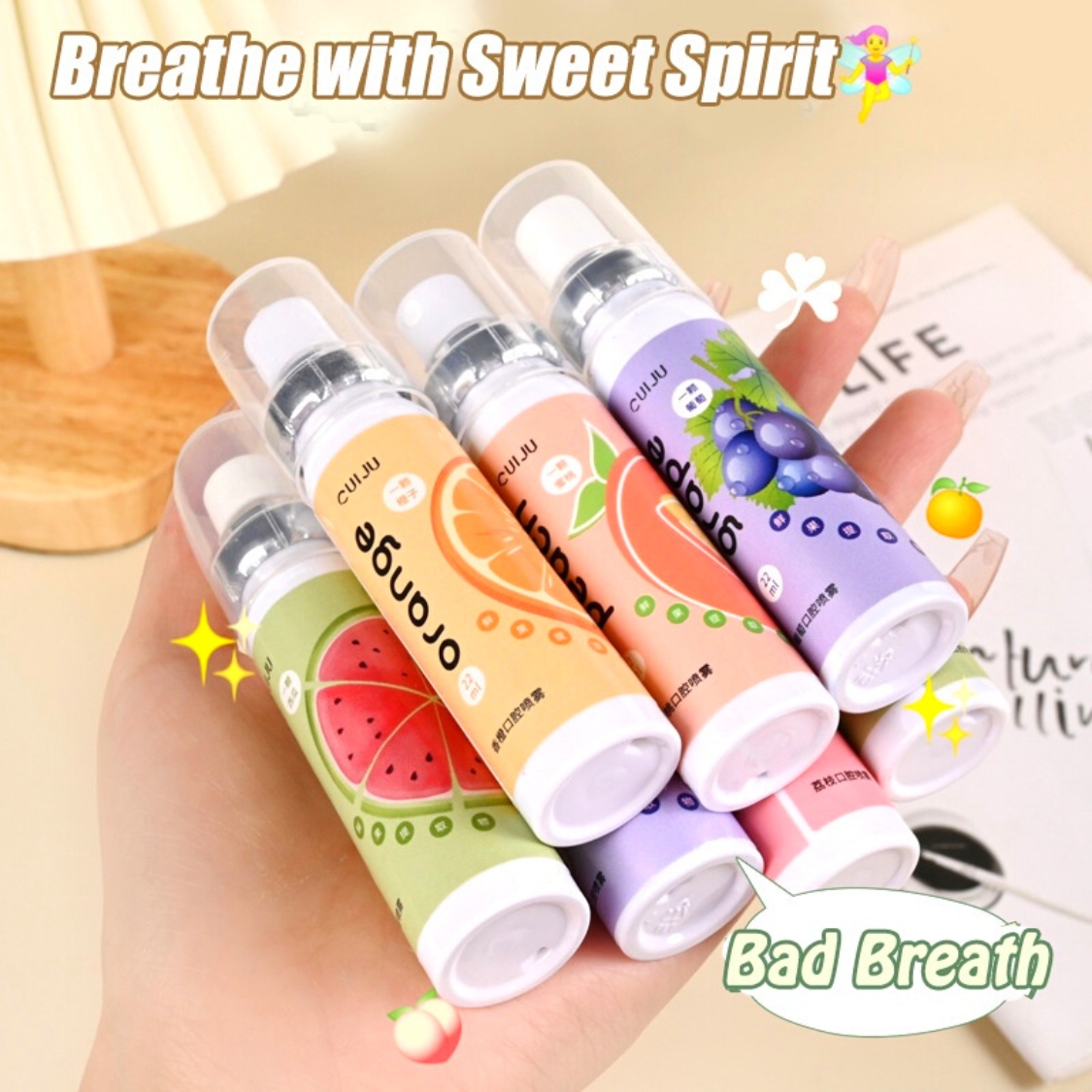 Xịt thơm miệng CUIJU vị trái cây Xịt khử mùi khoang miệng dung tích 22ml chai xịt thơm miệng hương dưa hấu, đào, cam, nho, vải