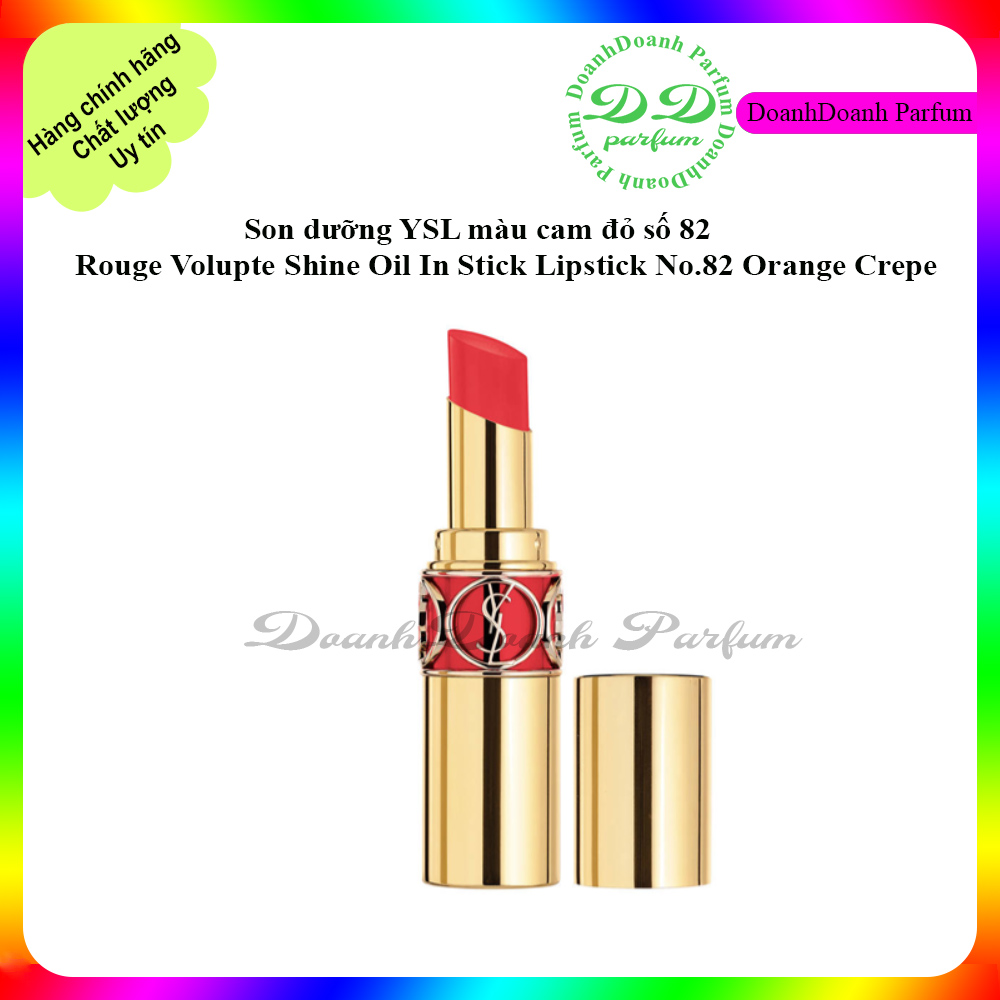 Son dưỡng YSL màu cam đỏ số 82 Rouge Volupte Shine Oil In Stick Lipstick No.82 Orange Crepe