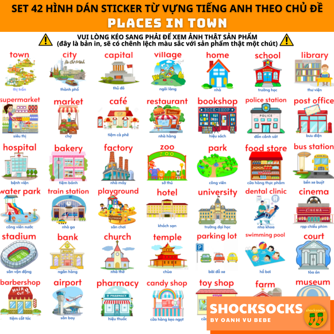 🔥 set 42 hình dán sticker từ vựng tiếng anh chủ đề places nơi chốn 🔥